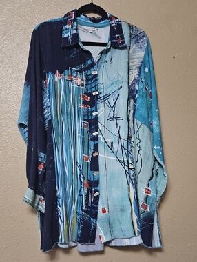 John Mark 2X Abstract Blue Button-Up Art Print Shirt Tunic Artsy